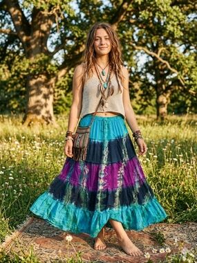 ​💥STUNNING Tie-Dye Boho Tiered Maxi Skirt 💙💜KayJayStyles 100% Cotton M-L